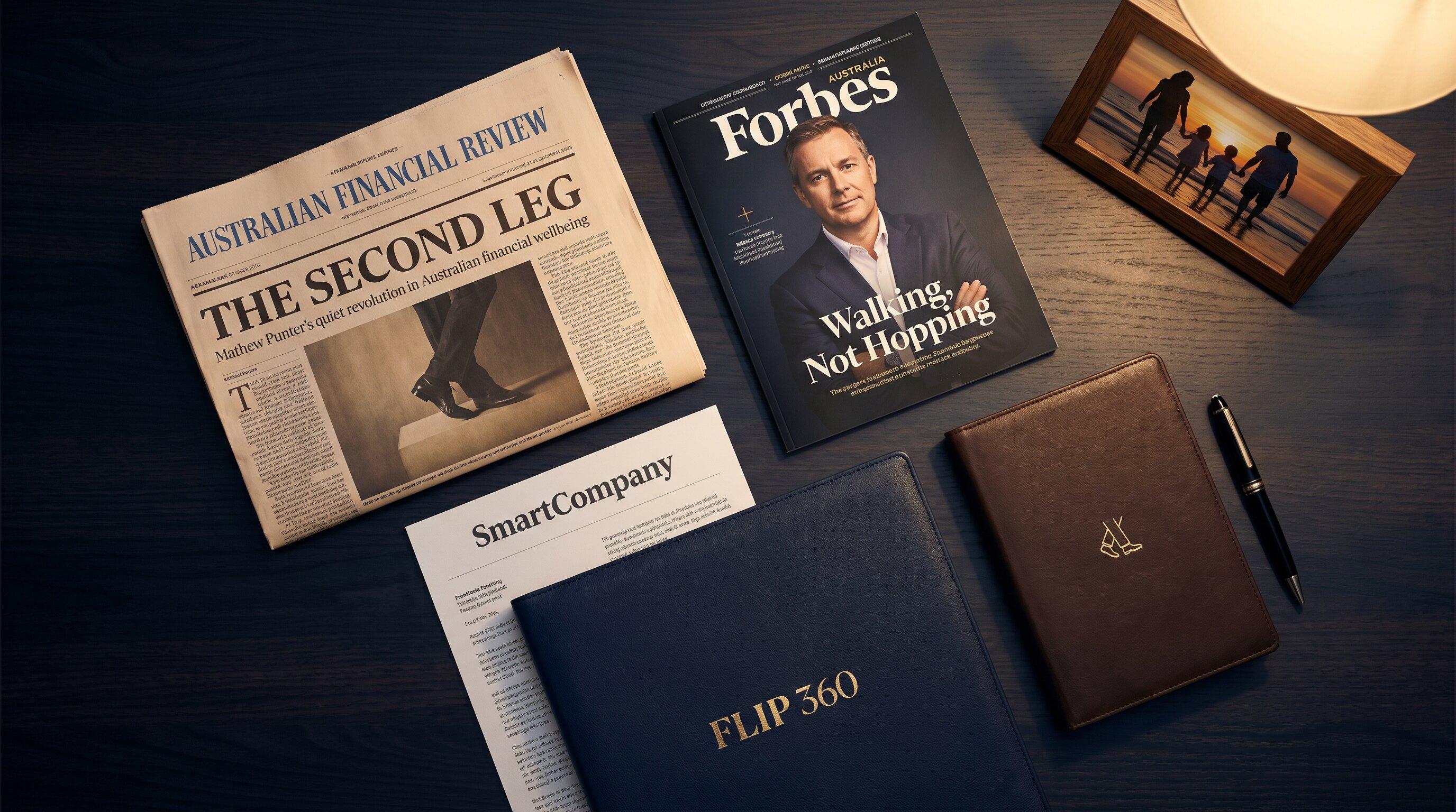 The Flip 360 press kit flatlay — AFR, Forbes Australia, SmartCompany and supporting materials laid out on a navy walnut desk