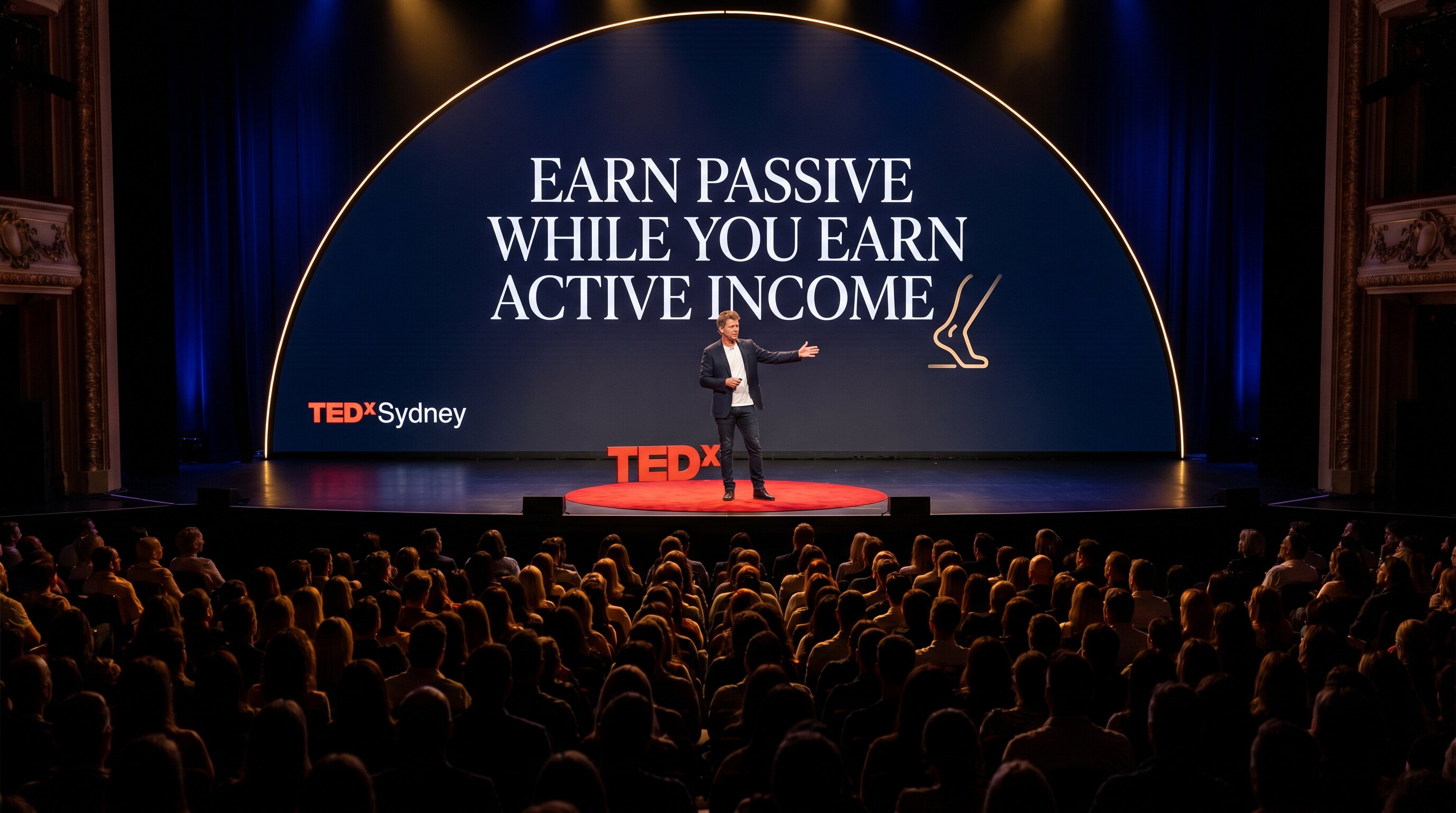 Mathew Punter on the TEDx stage delivering the Earn Passive While You Earn Active Income talk